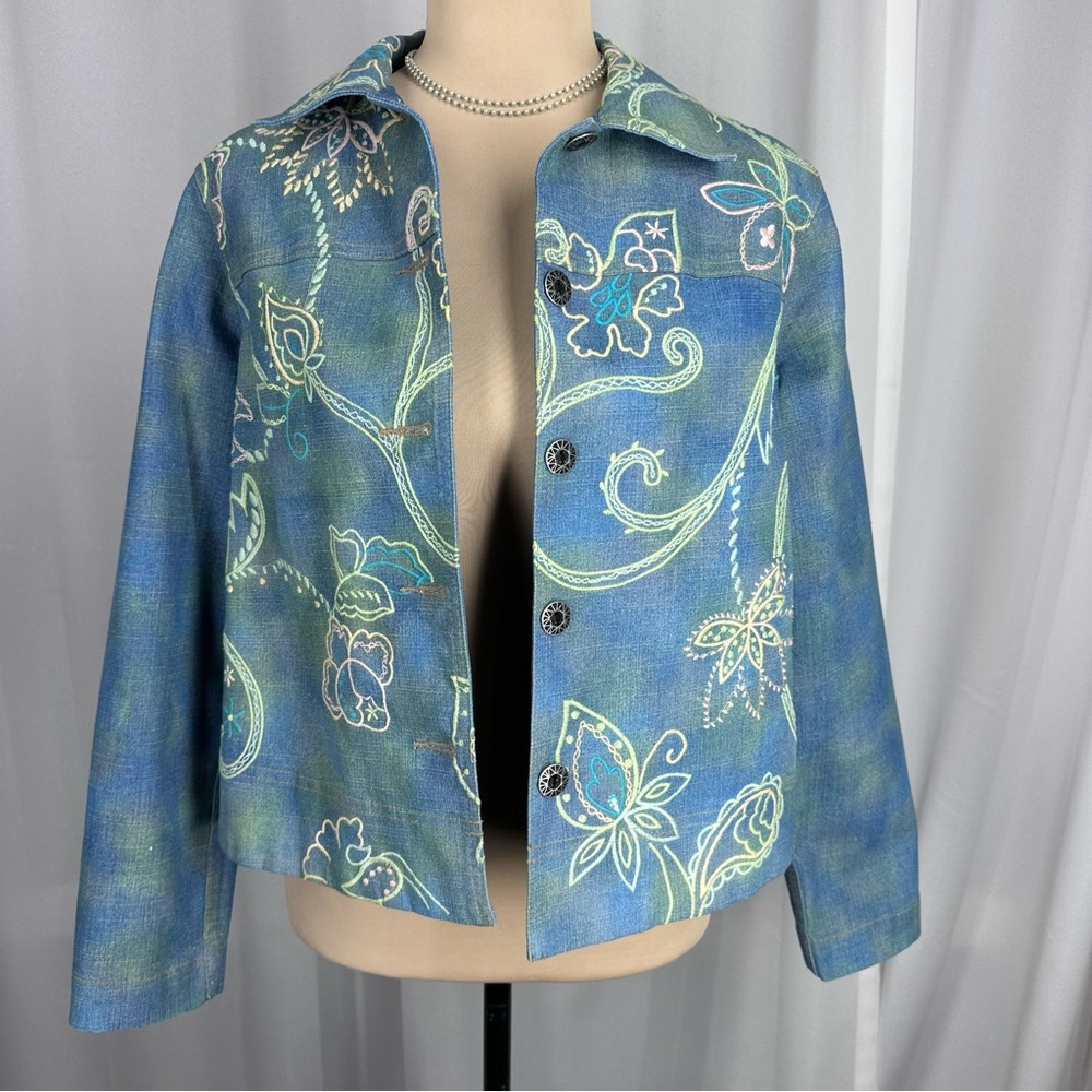 Vintage NAPA VALLEY Petite Denim Jacket Sz PS Embroidered Floral Tie Dye